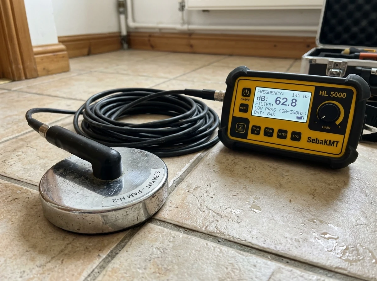 Close up of high sensitivity acoustic listening disc and frequency monitor