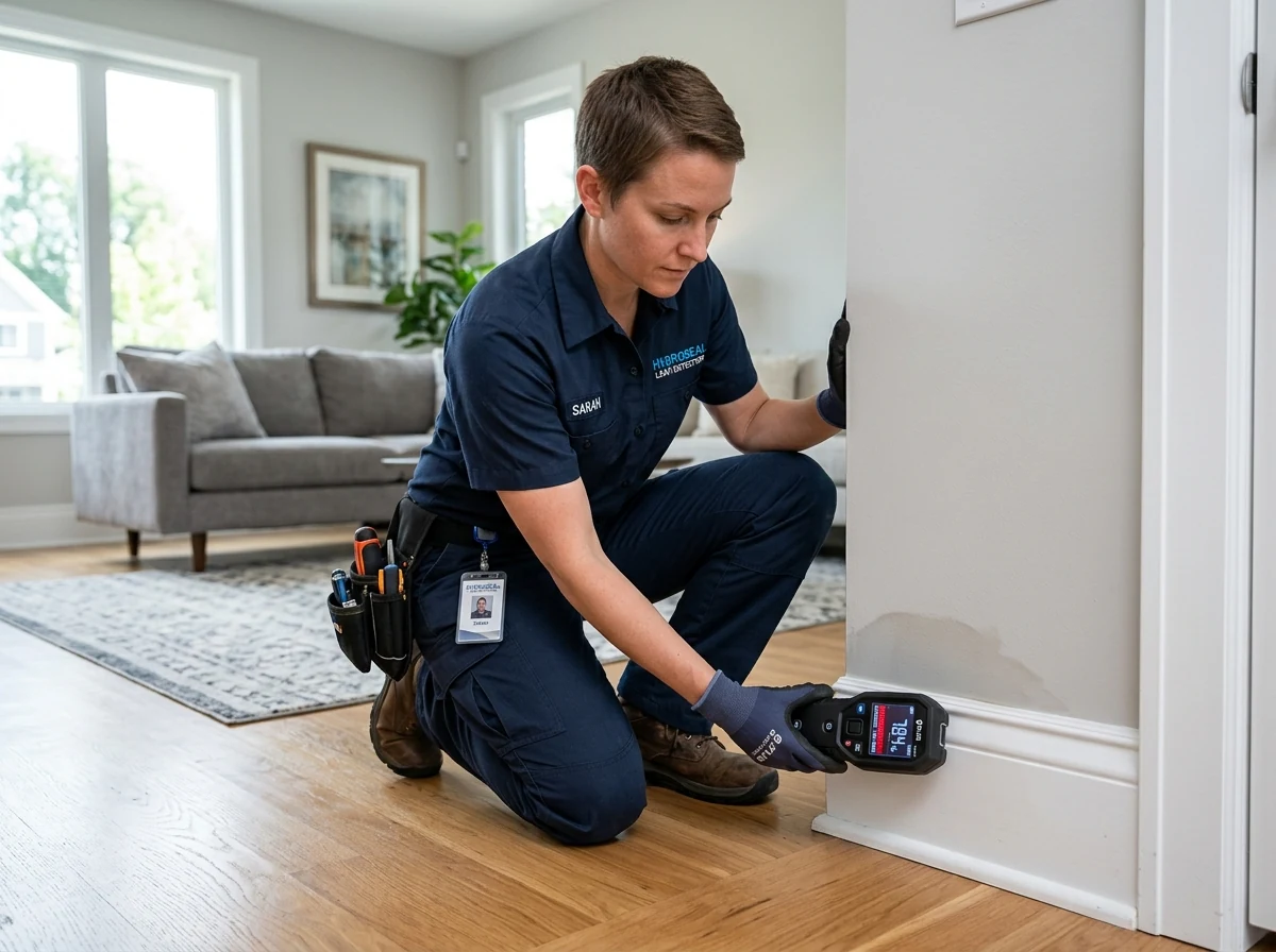 Specialist inspecting drywall moisture with digital pinless moisture detector