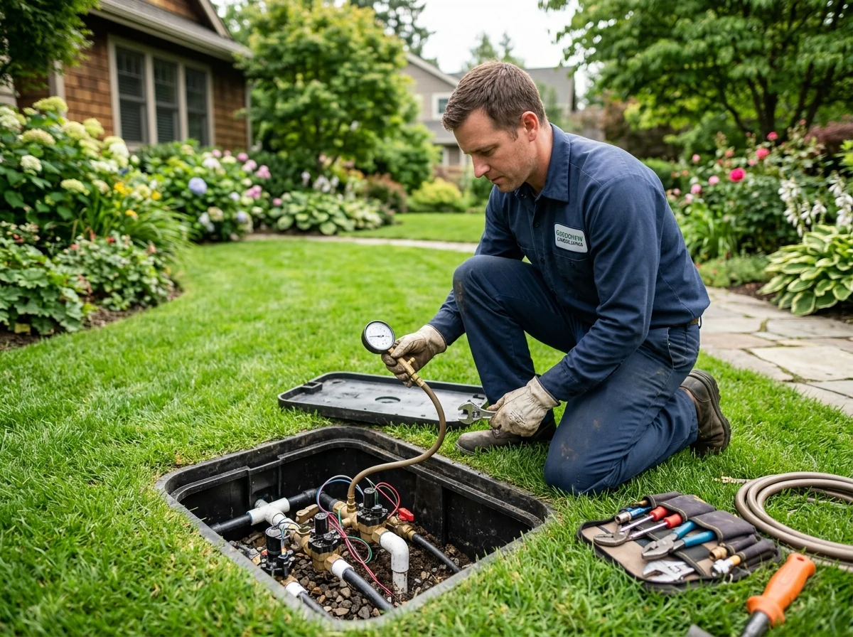 Irrigation technician testing lawn sprinkler manifold box and underground lines