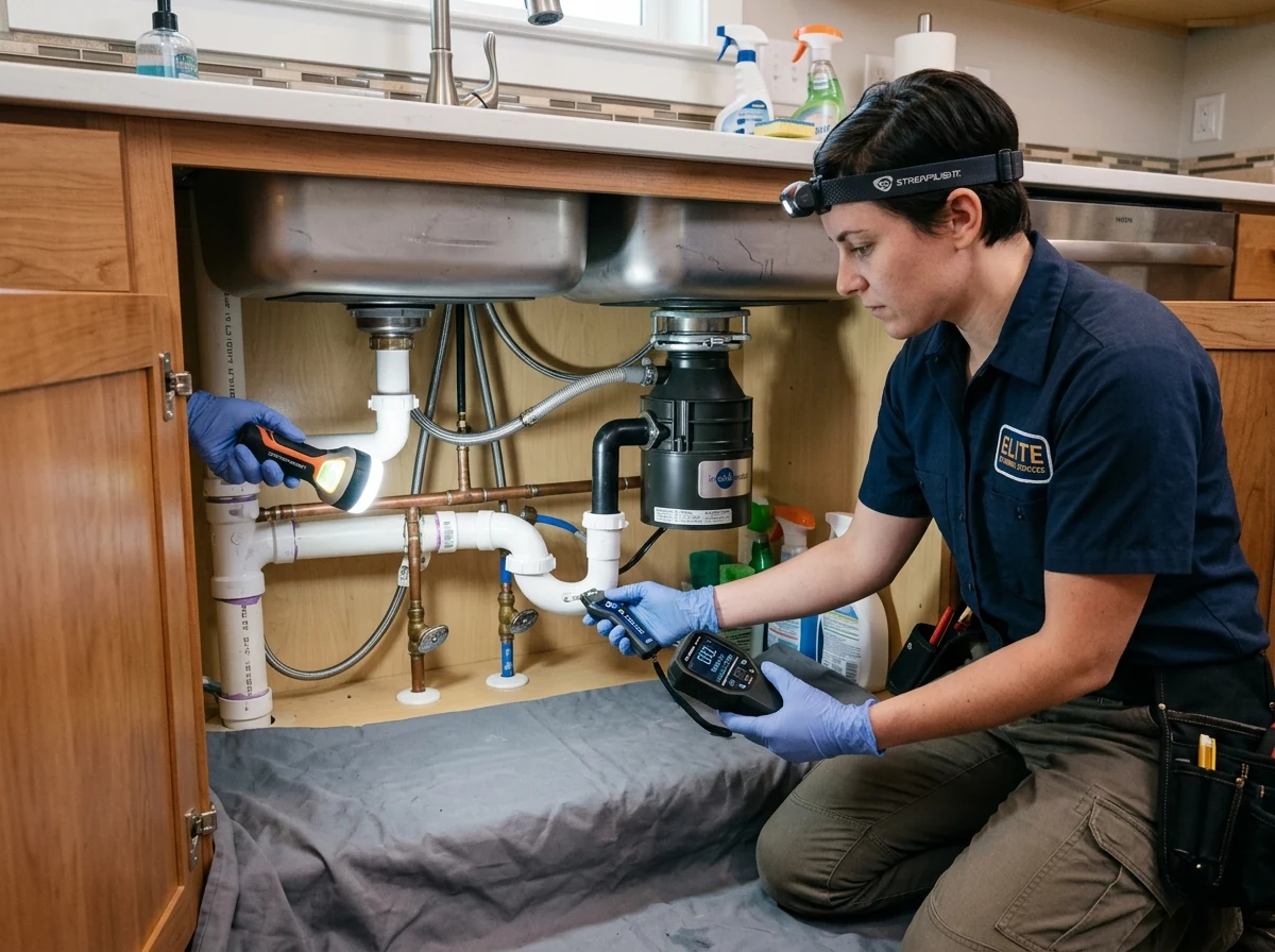Plumbing technician testing residential drainage and supply lines under sink