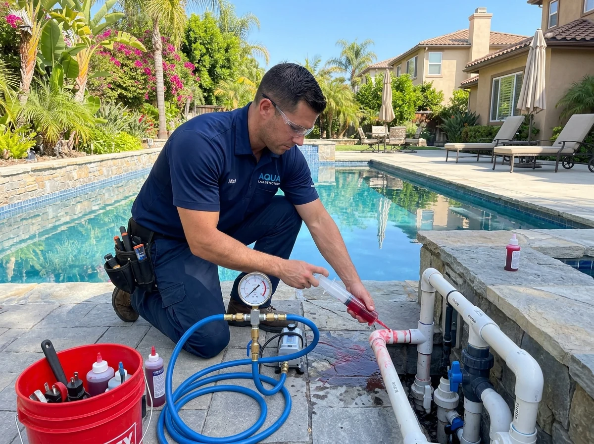 Technician pressure testing pool plumbing lines and skimmer returns at residential pool