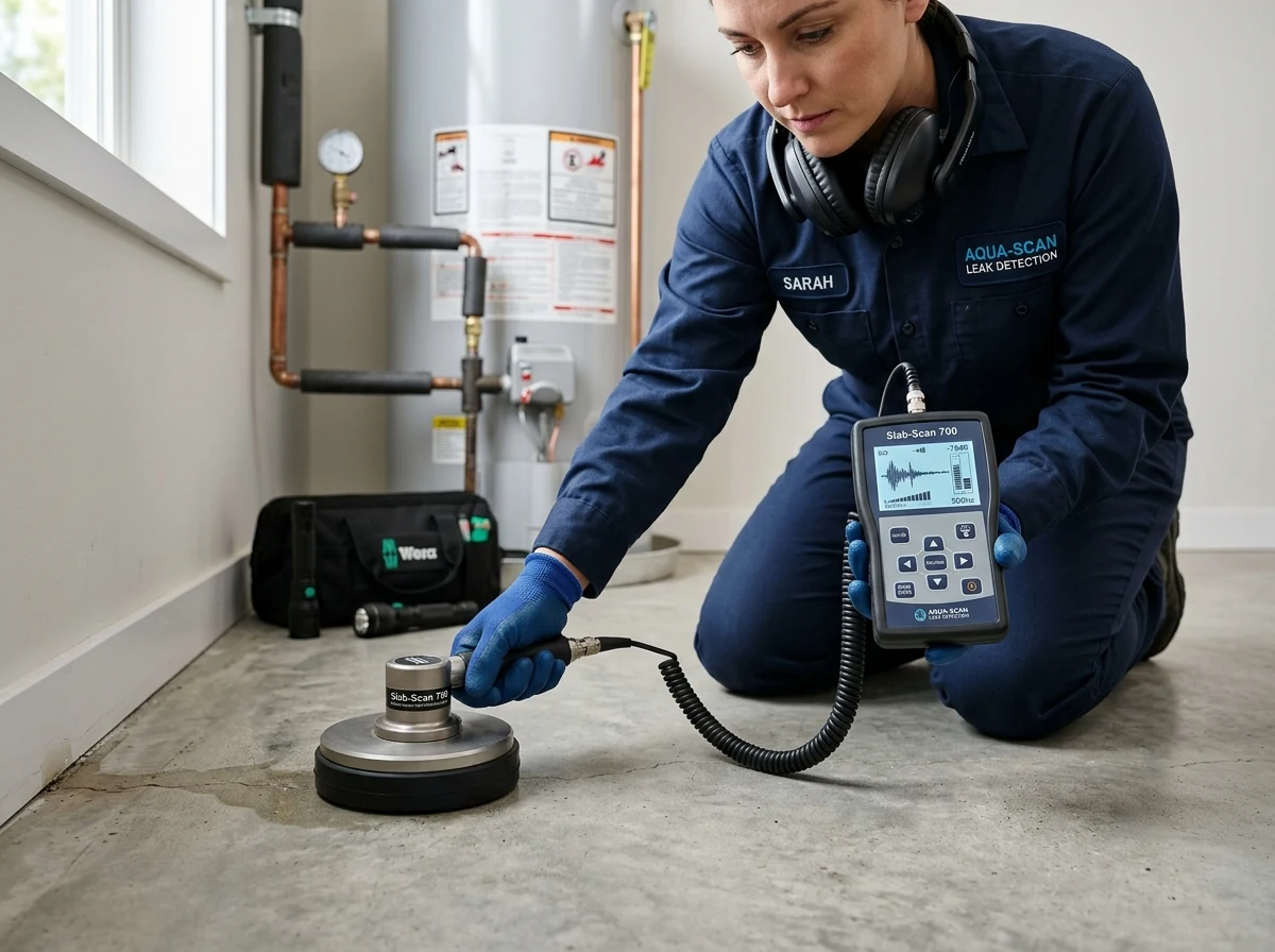 Technician with acoustic ground disc and digital receiver detecting slab leak under concrete floor