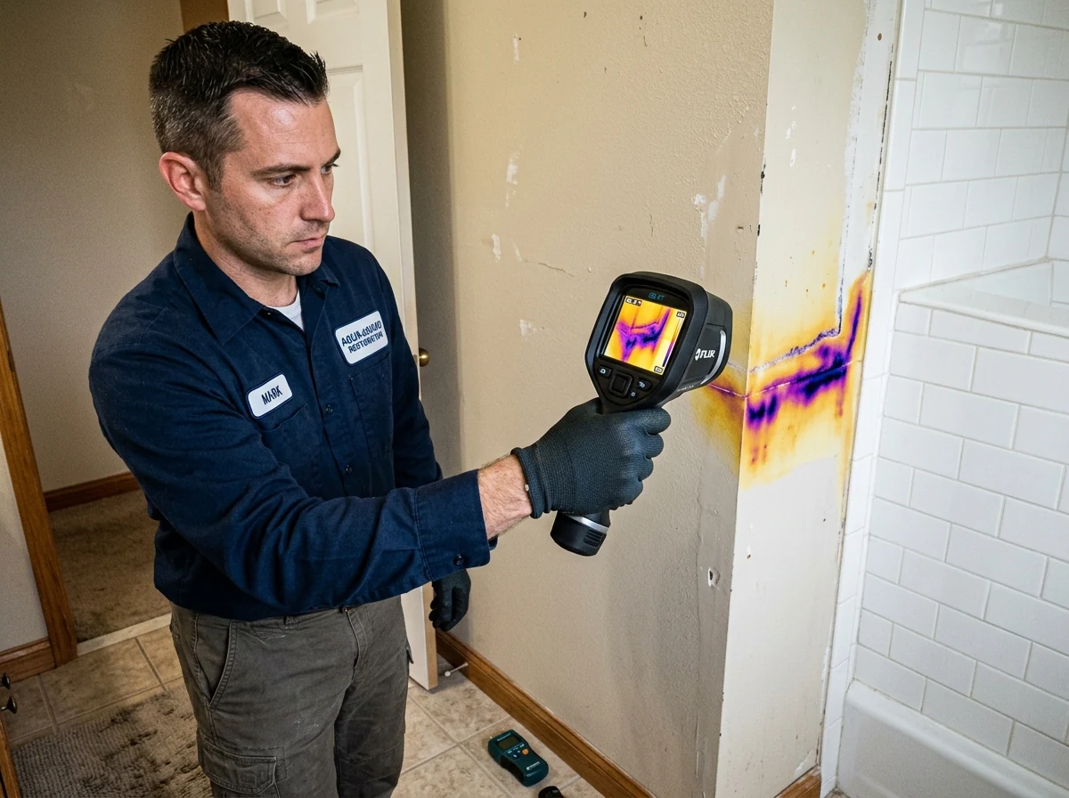 Handheld infrared thermal camera showing cold moisture patterns on bathroom wall