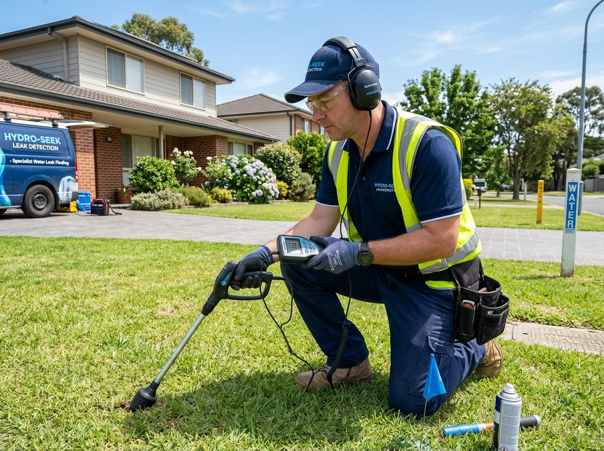 Technician with outdoor acoustic rod locator investigating buried underground water line