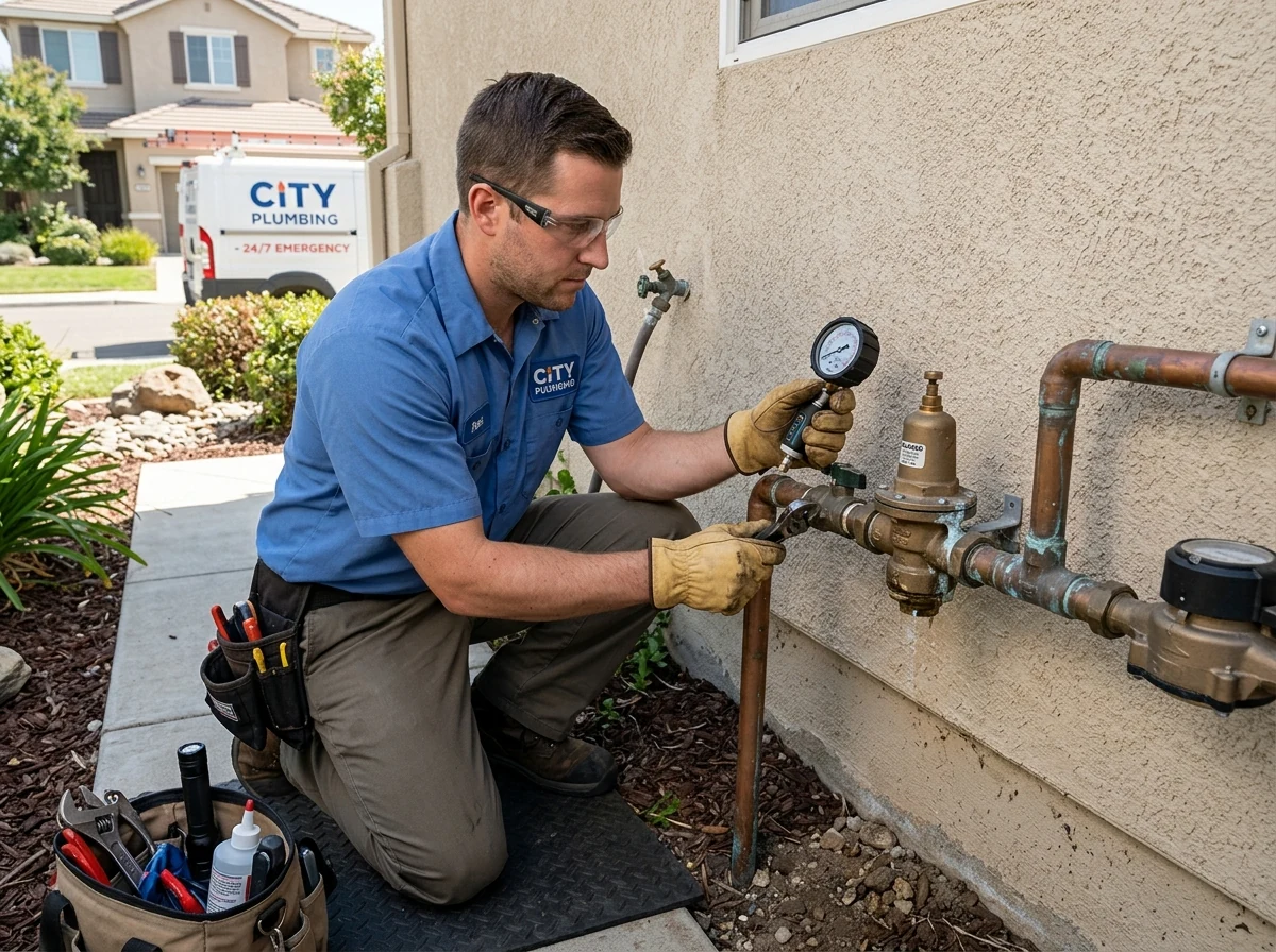 Technician inspecting residential main water shutoff valve and pressure gauge